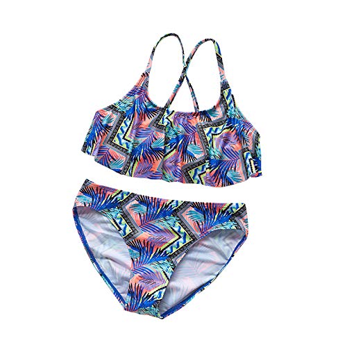 Bañador para niña con borlas, bikini dividido, sin mangas, juego de impresión de hojas, traje de baño de princesa, azul, 5-6 años