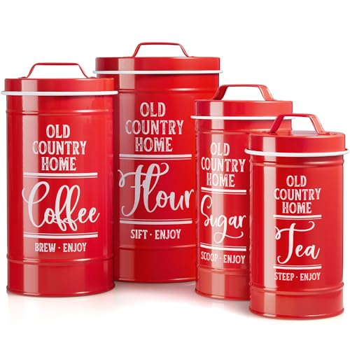 DAYYET Red Canisters for Kitchen Counter, Airtight Kitchen Canisters for Countertop, Flour and Sugar Containers, Tea Coffee Sugar Canister Set, Red Kitchen Decor and Accessories, Set of 4