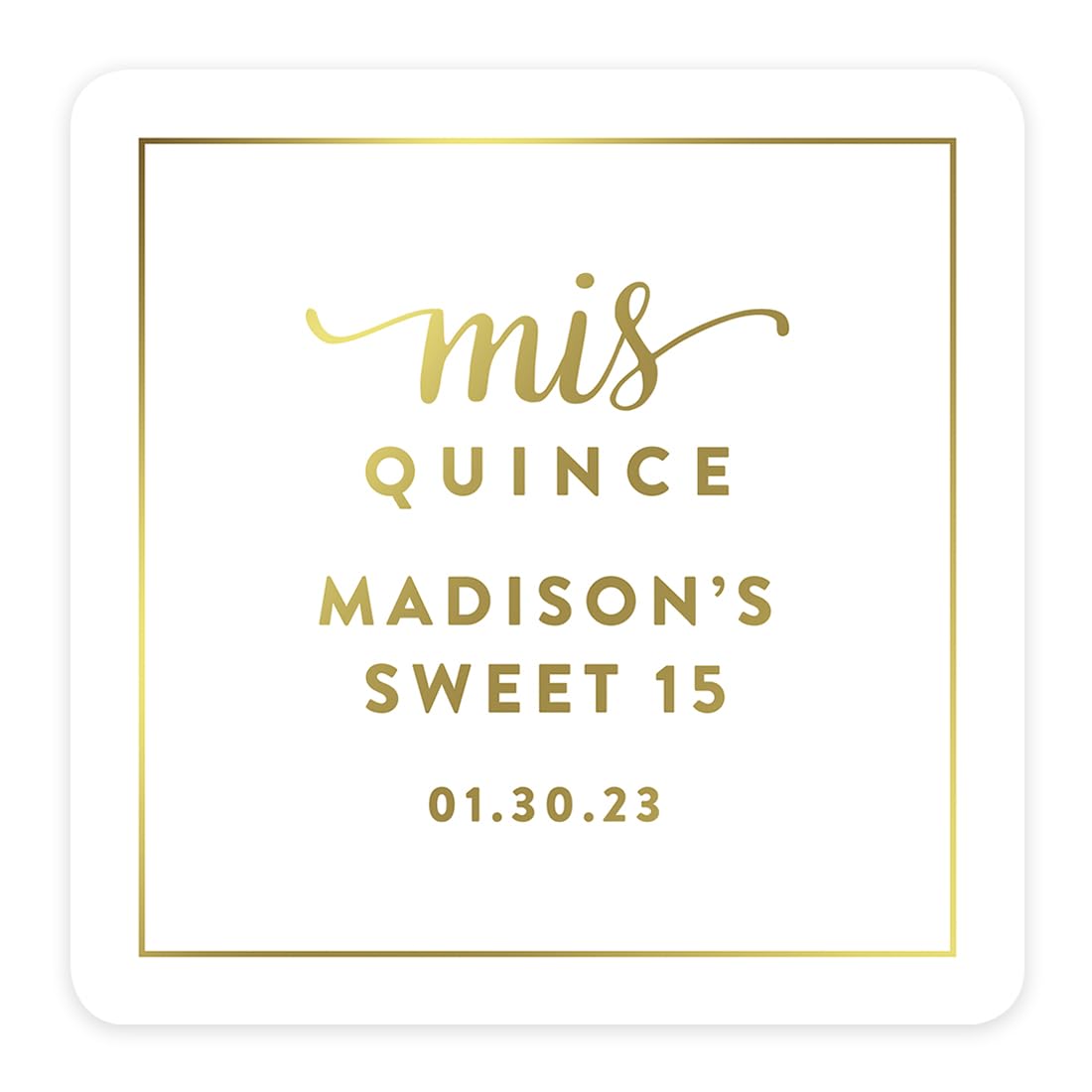 Andaz Press Personalized Square Birthday Favor Gift Labels Stickers, Metallic Gold Ink, Sweet 15 Birthday, Mis Quince Quinceanera, 40-Pack, Custom
