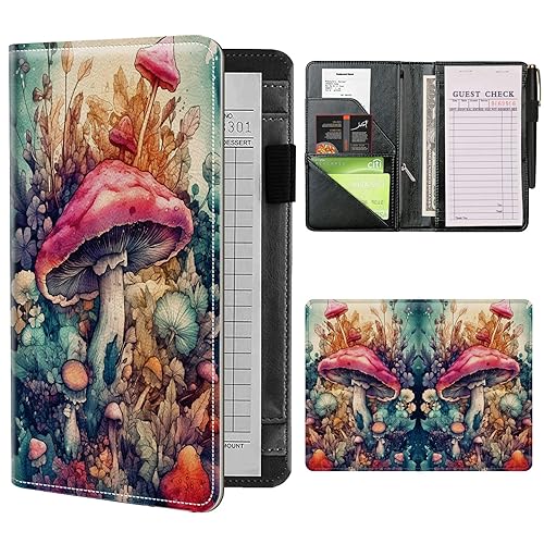 Server Books for Waitress Waiter with Zipper Pocket, Pink Mushrooms Leather Server Pads (5