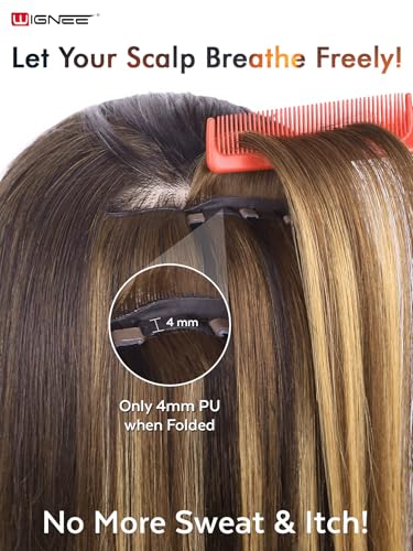 WIGNEE Double Invisible OVO Balayage Hair Extension Genius Invisible Weft with Holes 18 Inch Highlight Honey Blonde Remy Human Hair Extension Sew ins Straight Extension Hair Weaves 5 PCS 100g (T4/27)