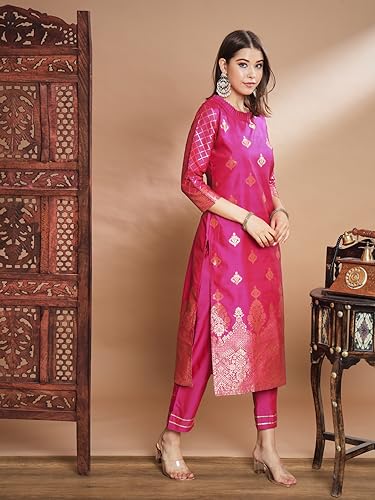 Image of VredeVogel Women's Cotton Silk Jacquard, Banarasi Silk Kurta Pant With Dupatta Set