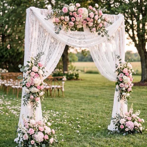 Image of HunnmingRe 1 Panel White Wedding Arch Draping Fabric Summer 30 inch X 18 FT Lace Wedding Arch Drapery Embroidered Boho Rustic Backdrop Vintage Decor for Bridal Shower Church Ceremony Decoration