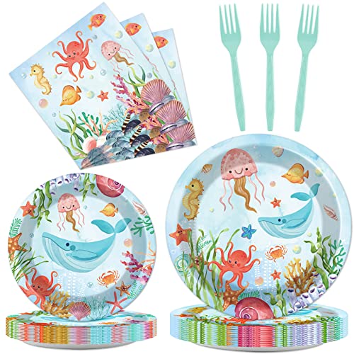 Image of 96 Pcs Under The Sea Plates and Napkins Party Supplies Ocean Birthday Party Tableware Set Ocean Animal Underwater Sea Life Party Decorations Favors for Birthday Shower for 24 Guests