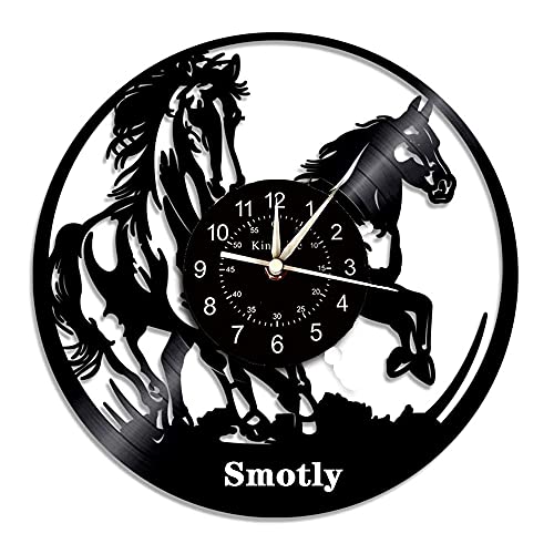 Smotly Horloge murale en vinyle, thème cheval, grande horloge murale rétro, avec fonction veilleuse 7 couleurs, décoration de la maison, horloge murale...