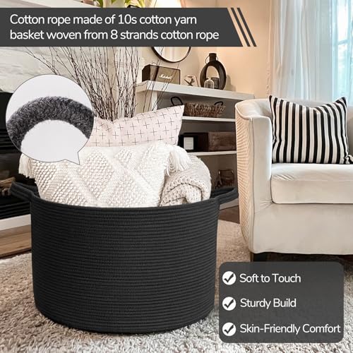Image of INDRESSME XXXLarge Blanket Basket 21.7 inch x 21.7 inch x 13.8 inch Woven Storage Baskets Soft Cotton Rope Toy Baskets Storage Kids Decorative Laundry for Home, Perfect for Living Room, Black