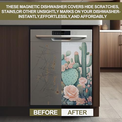 Image of Blooming Cactuses Dishwasher Magnets Decorative Cover,Tropical Magnet Fridge Panel Decal for Home Kitchen Decor,23x26 in