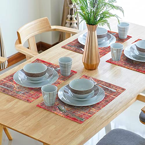 Image of Rust Red Ethnic Boho Placemats Set of 4 Bohemian Carpet Vintage Linen Washable Kitchen Dining Southwestern Table Mats Stain Heat-Resistant Desktop Decor Place Mats for Home Party Indoor 12x18 in