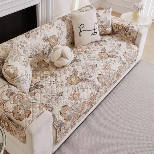 Image of HOMETHREADS Premium Style Anti Slip Sofa Cover Set | Cotton Sofa Slipcover | 1Pc Front Cover with Attached Armrest + 1Pc Back Cover (Coffee Rose, 2 Seater | 120x185cm)