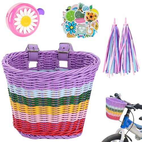 Roysmart Cesta de bicicleta para niños, cesta de bicicleta trenzada para niñas y niños, parte delantera, cesta de mimbre delantera con correa de piel, serpentinas de timbre, pegatinas para timbre