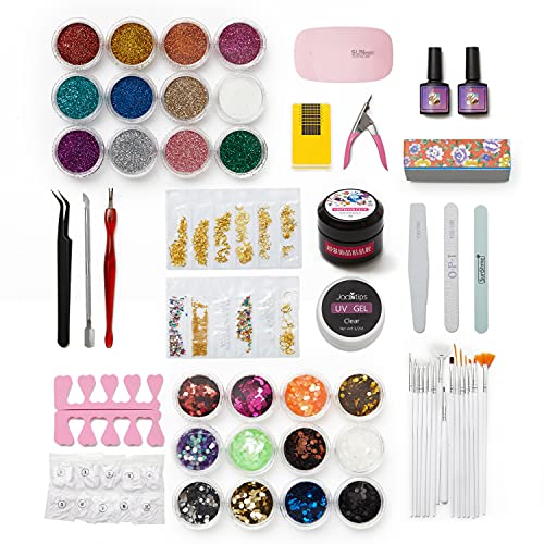 Acrylic Nail Kit for beginners,12pcs Shinny Glitter ,12pcs Big Hexagon Decoration，500pcs French False Nail Tips,LED Nail lamp,Base Top Coat Manicure Tools Acrylic Nail Kit Gift Box Set