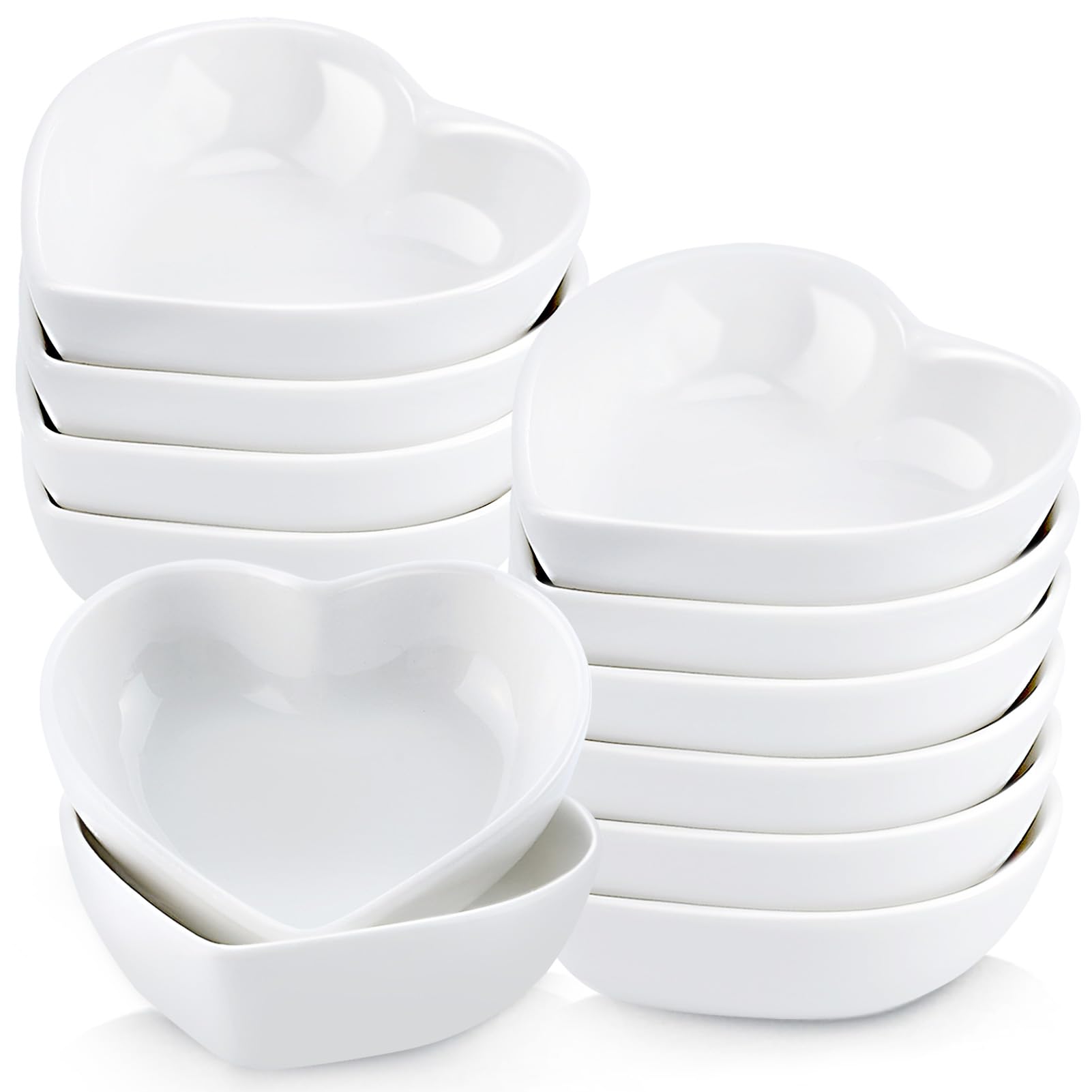 Lot de 12 mini bols à sauce soja en céramique en forme de cœur pour dîner, mariage, sushis, bonbons, plats d'assaisonnement, plats de service, plats de service, blanc