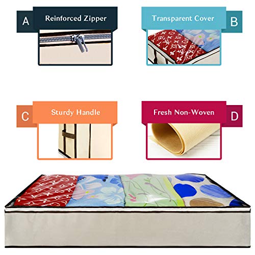 Ziz Home Zippered Under Bed Storage Bag 2 Pack | Soft Breathable Anti-Mold Fabric | Used for Underbed Clothes Storage Linen Storage Blanket Storage Sweater Storage Duvet Storage Bins Clear Window