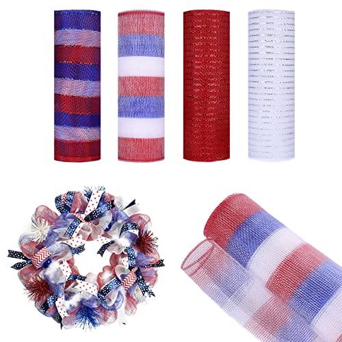 4Rolls Fall Deco Mesh Ribbon for Wreaths Making Supplies, 10Inch x 30Ft Metallic Foil Ribbon Wreath Making Crafts Kit for Thanksgiving Halloween Fall Holiday Wreath Decorations