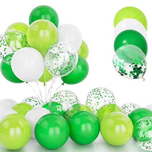 30 Pièces Ballons Verts, 12 Pouces Verts Confettis Ballons, Latex Hélium Vert et Blanc Ballon avec Ruban pour Anniversaire Mariage Festival Enfant Baby...
