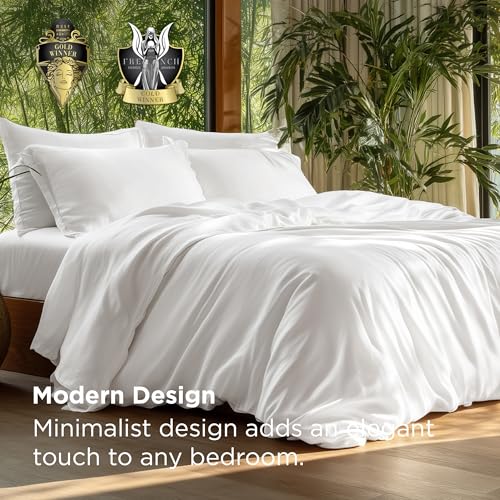 Image of Bedsure PureWoven Cooling Duvet Cover, Ideal for Hot Sleepers, King Size | 100% Viscose Derived from Bamboo, Lightweight & Silky Soft, Breathable Moisture-Wicking Bedding Set, 3 Pieces, Pure White
