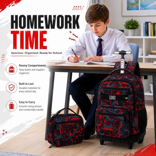 Image of 3Pcs Rolling Backpack for Boys Men, Travel Wheeled Backpacks for Adults, Teens College Roller Bookbag with Wheels for Men(Red)