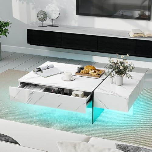 COSTWAY Table Basse LED Moderne, Table de Salon Brillante avec 3 Tiroirs, Imitation Marbre, Design Flottant, 120 x 70 x 35 cm, Charge 90 kg, Noir/Blanc (Blanc)