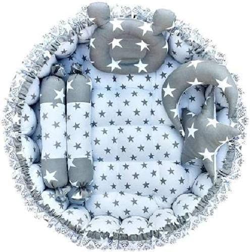 Shopping Mart New Born Baby's Comfortable Round Tub Bed, Reversible Baby Bedding Sets Cum Mattress with Pack of 5 Multi Shape Pillows (Gray Moon)