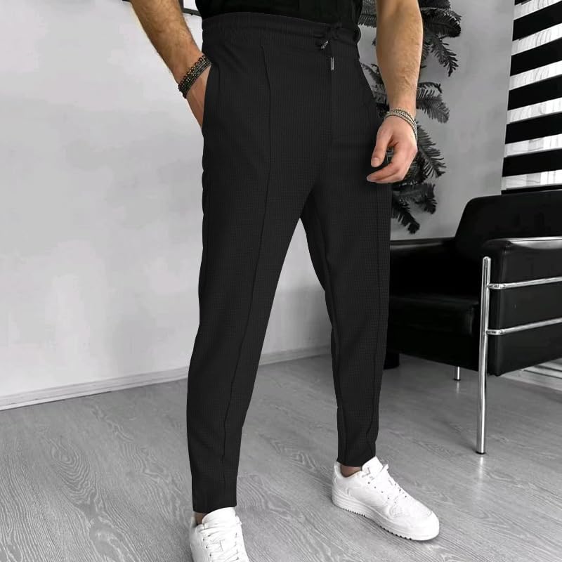 ZWRXW Men's Pants Pleated Front Casual Waffle Long Trousers Tapered Elastic Waist Drawstring Sweatpants with Pockets2