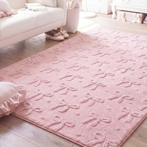 Klyyo Clyro Pink Bow Area Rugs 4 x 6 ft Cute Sweet Throw Rugs Pink Plush Faux Fur Aesthetic Soft Bedroom Carpet for Living Room Dining Playroom Nursery Family Indoor Dorm