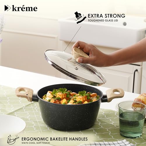 Image of Kreme Venetia Premium Series Granite Non-Stick 11 Pc Cookware Set | Kadai, Frypan, Dosa Tawa and Sauce Pot with Lid | Granite Coating | Induction & Gas Stove Use | Healthy Low-Oil Cooking, Grey