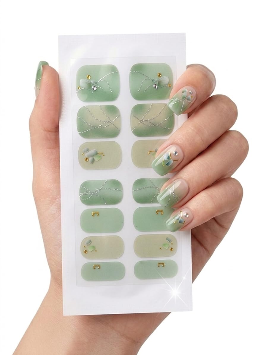 Kiva Nail Stickers for Women & Girls – 14 Pieces Sage Green Nail Wraps | Elegant Leaf & Crystal Accent Design | Full Coverage Glossy Finish | Easy Apply | Long Lasting Needed-image-13