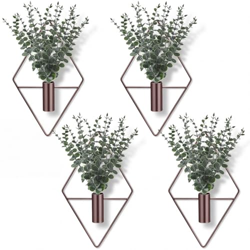 Image of Jexine 8 Pcs Hanging Planters with Artificial Eucalyptus Metal Hanging Vase Indoor Plants Holder Modern Geometric Boho Bathroom Wall Decor for Living Room Home Office, Bronze