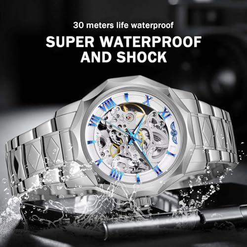 Image of Tiong Men Mechanical Watches Automatic Self-Wind Sliver White Transparent Fashion Mesh Steel Wristwatch Skeleton Male Hot Hour