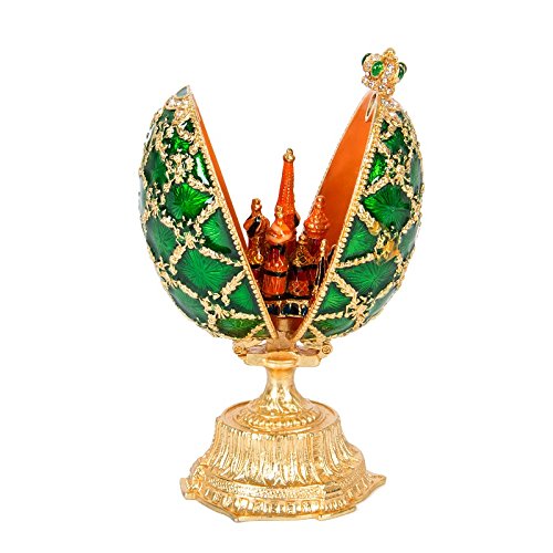 QIFU Hand Painted Enameled Green Easter Egg Style Decorative Hinged Jewelry Trinket Box Unique Gift for Family
