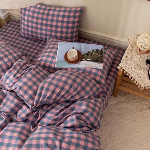 Image of EAVD Modern Purple Pink Plaid Duvet Cover Queen Soft 100% Washed Cotton Reversible Grid Bedding Duvet Cover with 2 Pillowcases Geometric Simple Plaid Comforter Cover with Zipper Closure