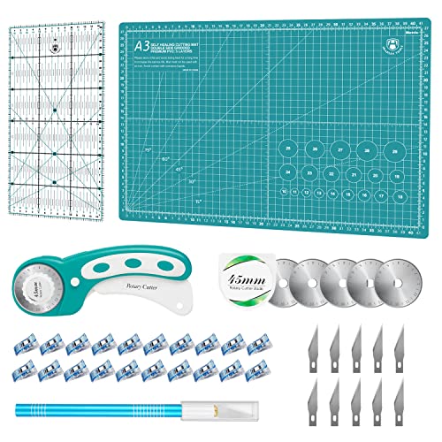 Rollschneider Set - 45mm Rollschneider Stoffschneider Set inkl. A3 Schneidematte, Rollschneider, Ersatzklingen, Patchwork-Lineal, Stoffklammern, Bastelmesser set ideal zum Basteln, Nähen, Patchworken