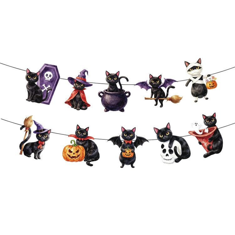 Image of Black Cat Banner Vintage Halloween Party Banner Garland Backdrop Decoration | Cat Birthday Banner Vintage Halloween Banner Garland for Home Office Holiday Party Decor Kids Adult Birthday Party Supplies