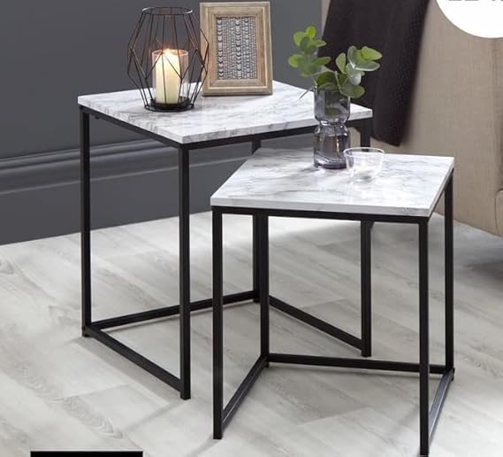 HOMELOX Set Of 2 Tables Marble Effect Nest Of 2 Table With Black Metal