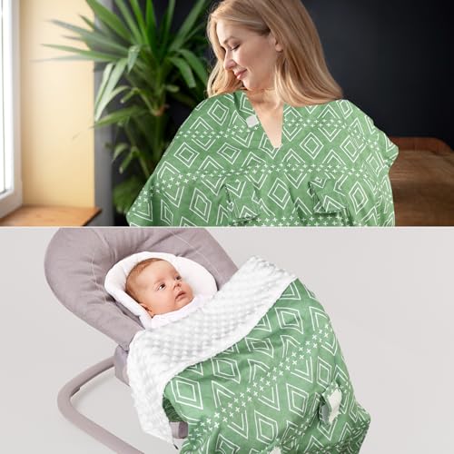 Image of TANOFAR Baby Carseat Canopy, Peekaboo Opening Car Seat Canopy for Babies, Soft and Breathable Infant Carrier Canopy, Multi-use Baby Carrier, Stroller, Nursing Cover, Minky Blanket, Green