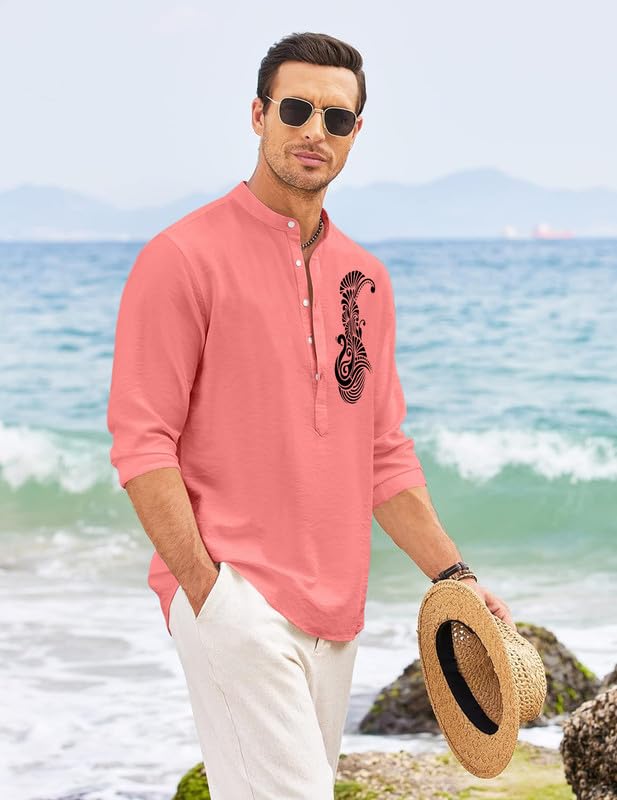 Image of FINIVO FASHION Men's Printed Cotton Blend Short Kurta with Artistic Chest Design | Stylish Full Sleeve Casual Kurta with Mandarin Collar for Daily, Travel Soft Textured