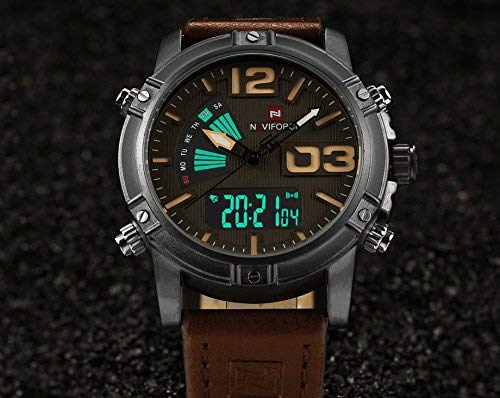 Image of NAVIFORCE Analogue Digital Bold Rider's Black and Rosegold Dial Chocolate Belt Wrist Men's Watch - NF9095-BYBN by LexXiv