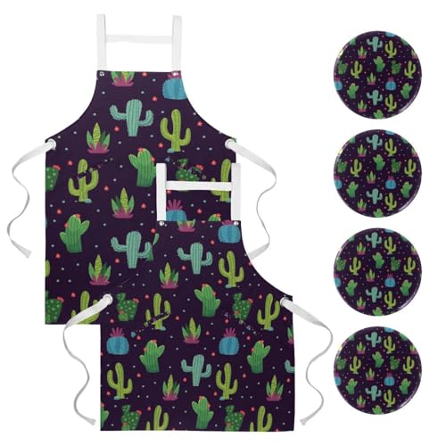 Tablier de cuisine lot de 2 avec broches motif cactus fond vert marine
