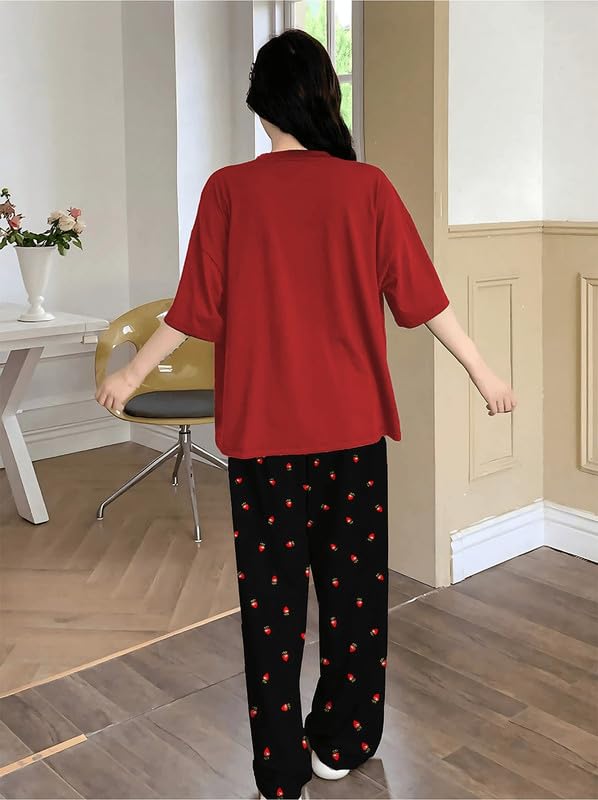 Image of KSHS Printed Round Neck Short Sleeve Nightsuit Set | Pajama Set | Casual Night Dress for Women