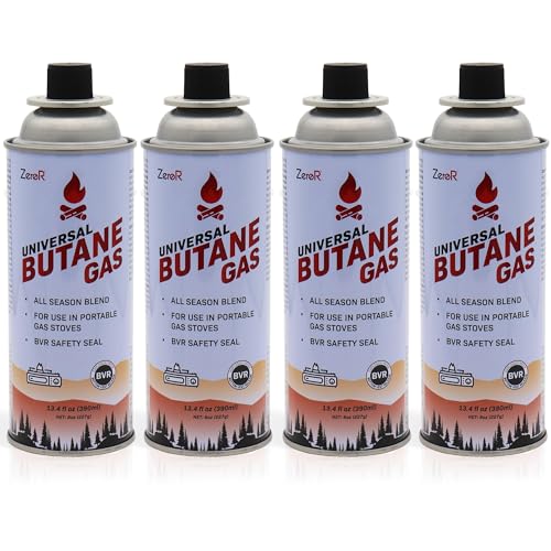 ZeroR Butane Fuel Canister Cartridge 13.4 fl oz (390 mL) Pack of 4 | Compatible with Portable Camping Stoves and Torches