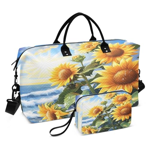 Weekender Bags Travel Duffel Gym Bag Sunflowers Seaside Carry on Overnight Tote Bag with Toiletry Bag for Airplane Travel Trip Gym Yoga
