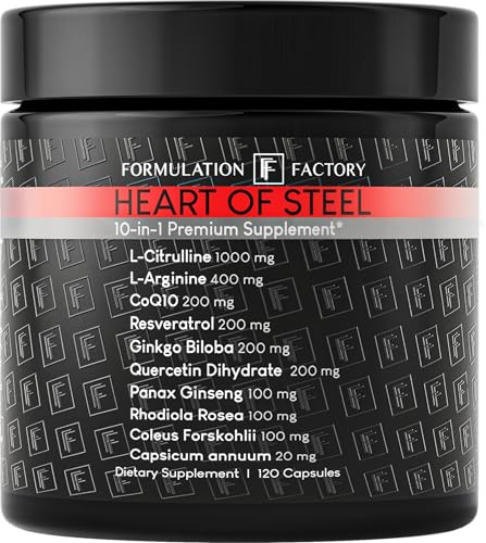 Formulation Factory Heart of Steel - L-Citrulline 1000mg with L-Arginine, CoQ10, Resveratrol, Ginkgo Biloba, Quercetin, Ginseng & Rhodiola - 120 Capsules, 30 Servings