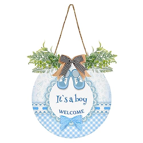 Image of Exnundod It's A Boy Wreath Door Hanger for Front Door with Plaid Bow, Welcome Baby Shower Round Door Sign 12in Wreath Porch Outdoor Decorations Housewarming Gifts