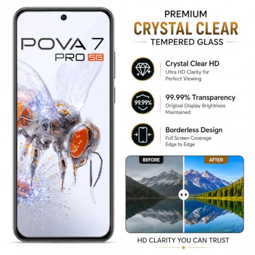 Image of ArmourPro 3D Borderless Tempered Glass for Tecno Pova 7 Pro and Tecno Pova 7, HD Clear Curved Edge to Edge Screen Protector, 9H Hardness, Oleophobic Coating, Case Friendly | Pack of 1