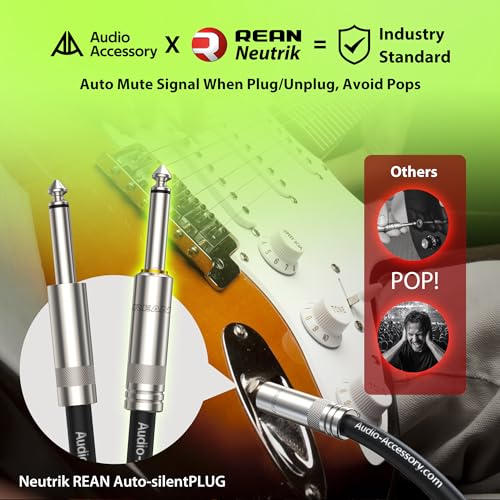 Image of AA AUDIO ACCESSORY Silent Guitar Cable 50 ft, Neutrik REAN silentPLUG, Kevlar-Reinforced Nylon Braided Anti-Kinking, Auto Mute 20 AWG 99.99% OFC 1 /4 Instrument Cable, Shielded Amp Cord for Bass Guitar