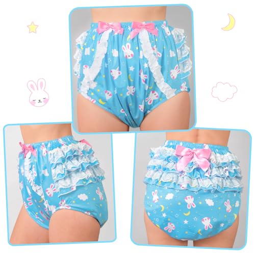 Image of LittleForBig Silky Washable Reusable Waterproof Ruffled Lace Bow Snuggle Bunny Pattern Ruffle Adult Diaper Cover M
