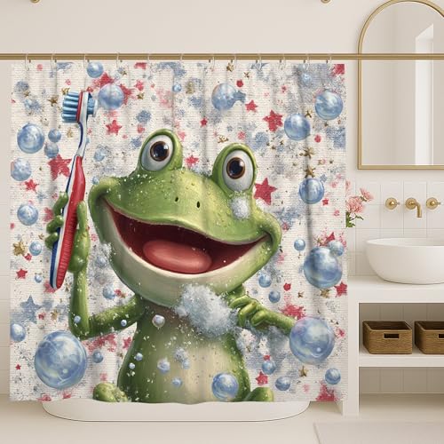 Frog Cartoon Shower Curtain, Playful Green Bubbles Bathroom Decor for Kids, Fun Whimsical Animal Waterproof Fabric Bath Curtain Set with Hooks 72x72 Inch