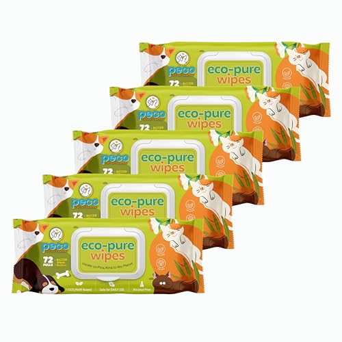 Image of Peco Eco-Pure Pet Wipes 360 Count (Buy 3 Get 2 Free)- 18 X 20 Cm | Biodegradable,Plant-Based Pet Grooming Supplies | Aloevera,Vitamin E,Castor Oil | Hypoallergenic & Alcohol-Free | Deodorising Wipes