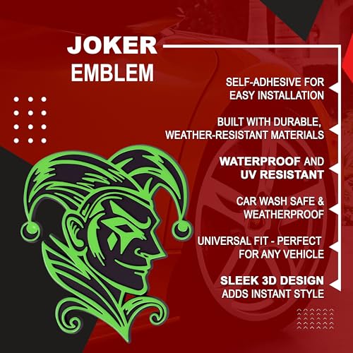 Image of Joker Emblem 3D Jester Badge - Custom Car Decal Sticker for Car, Truck, SUV - Durable Exterior Trunk, Hood, Fender (Set of 2) (Green)