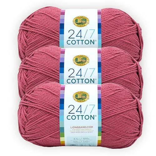 Image of Lion Brand Yarn, 24 /7 Cotton Yarn, Terracotta, Pink, 3 Pack